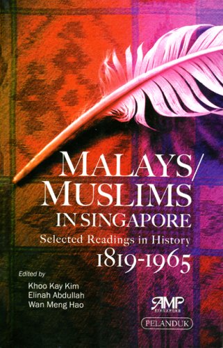 A vibrant book cover on Malays/Muslims in Singapore, 1819-1965, with colourful background and feather graphic.