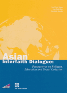 Asian Interfaith Dialogue report cover featuring global map and diverse communities focusing on religion, education, and social cohesion.