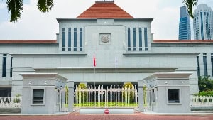 Elegant white government building with gates and flagpole in urban setting.