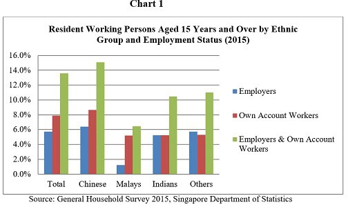 Resident working persons aged 15+ by ethnicity and employment status in 2015, showing diverse employment patterns.