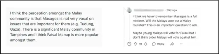Malaysian community discussion about Masagos and Faisal Manap influence.