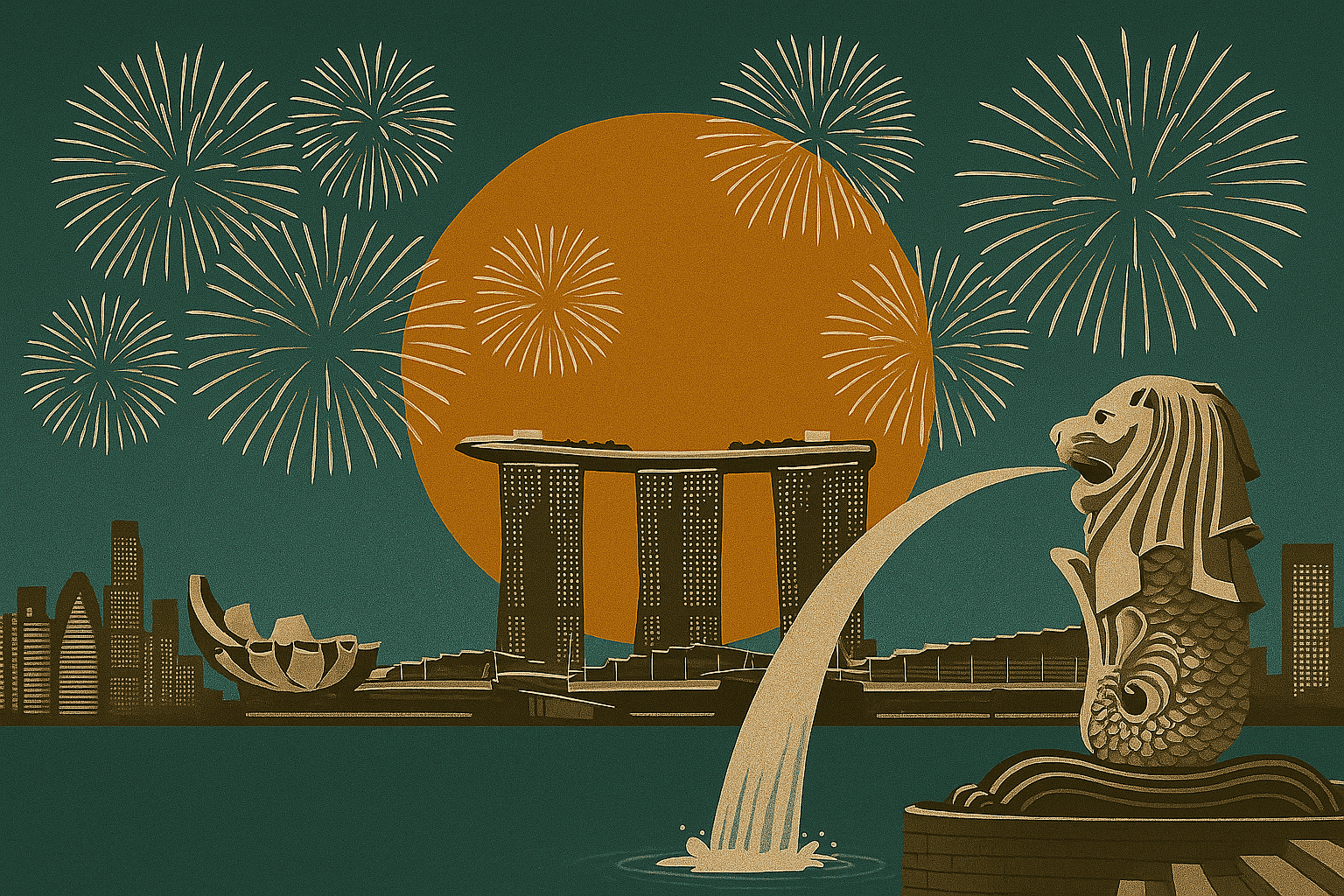 Vibrant fireworks over Marina Bay Sands and Merlion in Singapore during celebration night.