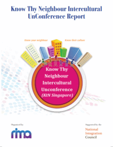 Intercultural community report cover with colourful cityscape and "RIMA" logo, promoting neighbourhood unity.