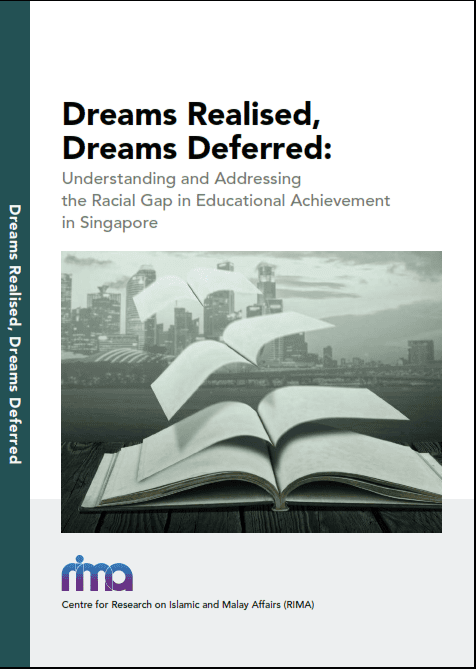 Open book with flying pages against cityscape, symbolising educational achievement and addressing racial gaps in Singapore.